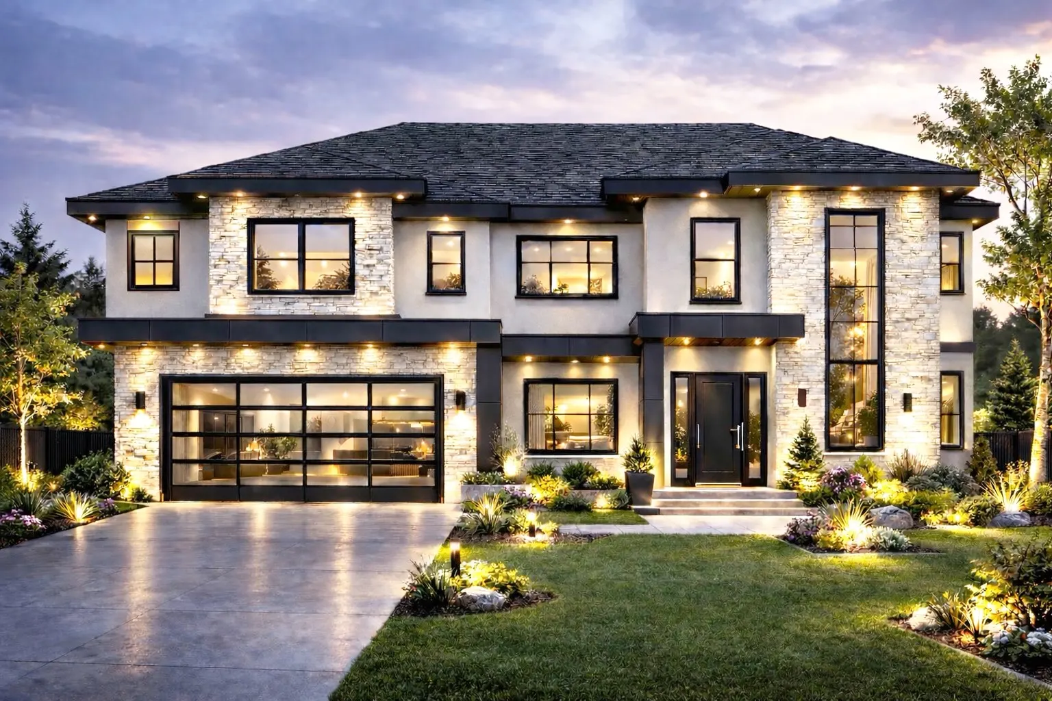 Custom-built home at dusk with natural stone exterior and black-framed windows